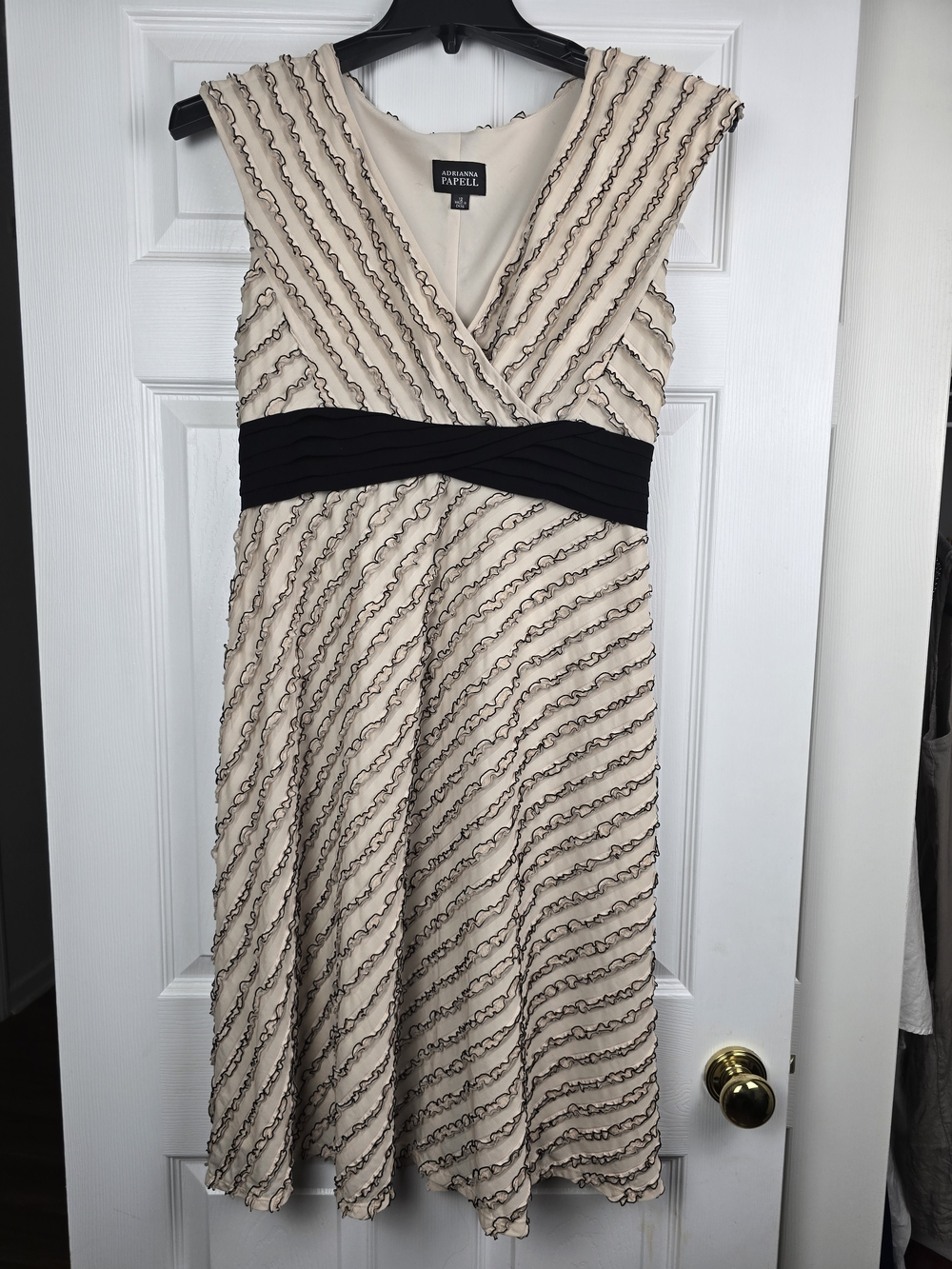 Adrianna Papell Dress 12 Cream Black Ruffled Striped Midi Sleeveless VNeck